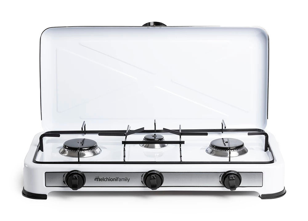 Melchioni Minerva new 3 Fornello a gas 3 fuochi con coperchio, 2,9kw, colore bianco