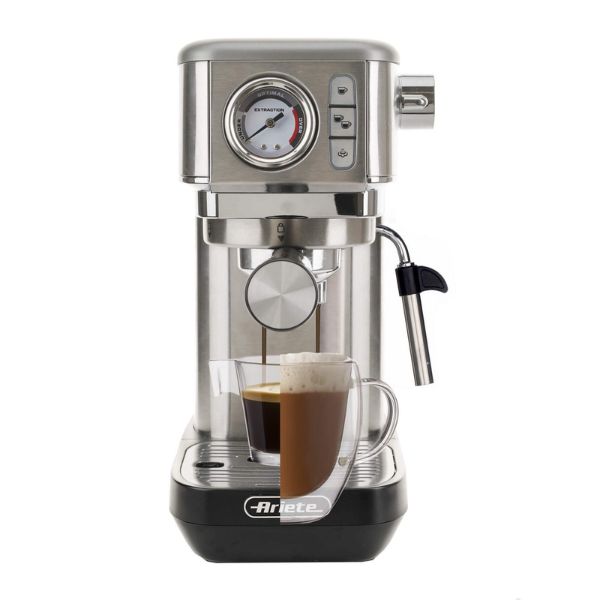 Ariete 1381 Macchina da caffè con manometro, compatibile con caffè in polvere e cialde ESE, 1300 W, Capacità 1,1 L, 15 bar di pressione, Filtro 1 o 2 tazze, Dispositivo Cappuccino Argento