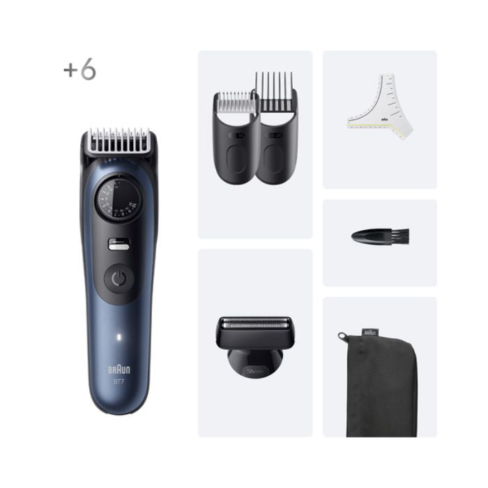 Braun BeardTrimmer 7 BT7520 Batteria Litio Bagnato e secco Nero Blu
