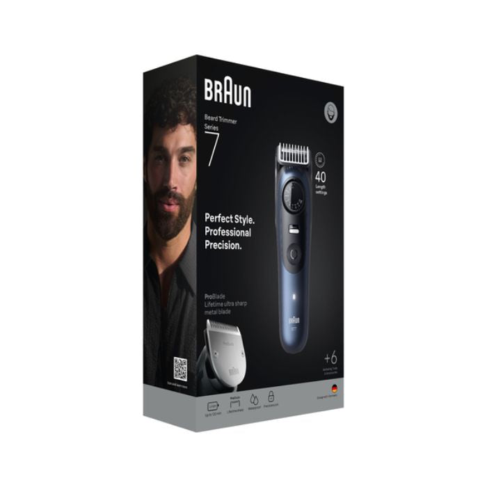 Braun BeardTrimmer 7 BT7520 Batteria Litio Bagnato e secco Nero Blu
