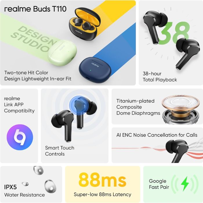 Realme Ear Buds T110 Auricolari Bluetooth Wireless Con Microfono TWS Punk Black