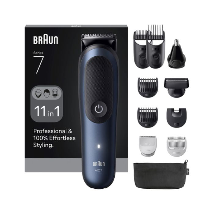 Braun AIO7540 Regolabarba e tagliacapelli universale Nero, Blu 14 Ioni di Litio 9 pettini e 11 accessorI