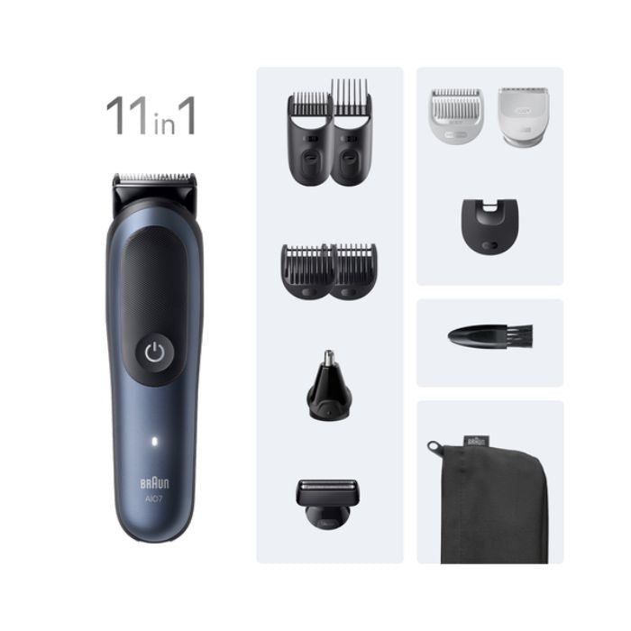 Braun AIO7540 Regolabarba e tagliacapelli universale Nero, Blu 14 Ioni di Litio 9 pettini e 11 accessorI