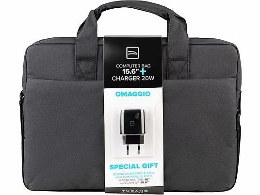 Tucano T-Line Bundle Borsa Notebook 15,6" Nera con Alimentatore USB-A/USB-C 20 W