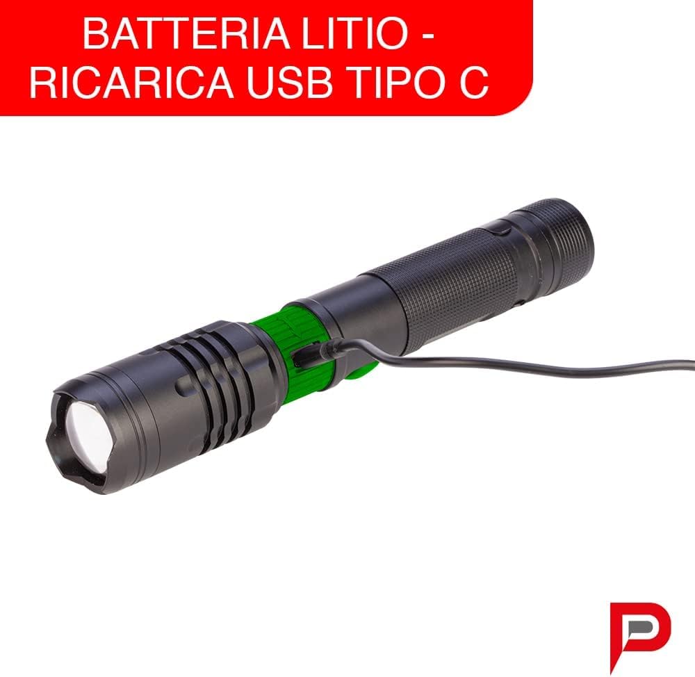 Poly Pool PP3154 Torcia Led Portatile 10W ALU1000 Ricaricabile Usb-c e Power Bank Luce D'Emergenza o Lavoro in Alluminio Portata 240m con Luce Regolabile 