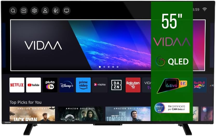 Toshiba Smart TV 55'' QLED 55QV2363DA, VIDAA TV QLED 4K 55 Pollici, Compatibile con Alexa, DVB-T2, Tecnologia LED, Dolby Vision HDR10, HDMI 2.1