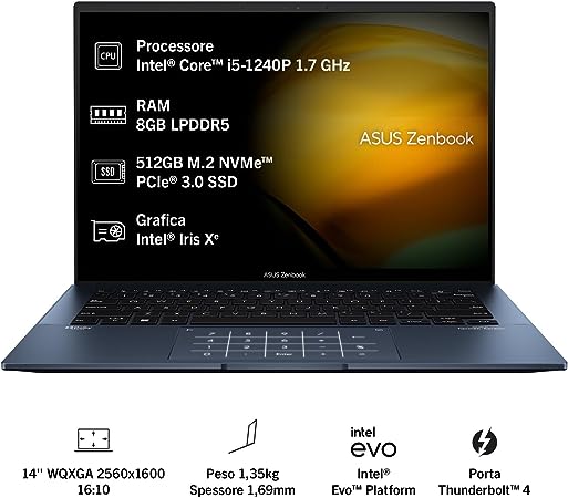 ASUS Zenbook 14 UX3402ZA Notebook  Alluminio 14" 2,8K Glossy Intel Core 12ma Gen i5-1240P RAM 8GB 512GB SSD