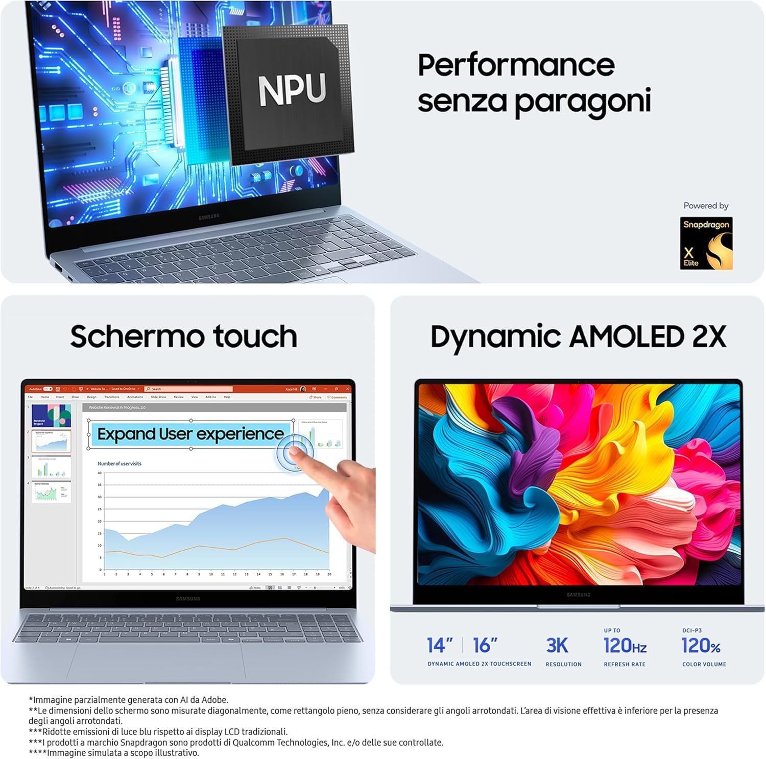 Samsung Laptop Galaxy Book4 Edge Display 16" WQXGA+ AMOLED Touch Screen Snapdragon Elite X1E 16GB RAM 512GB SSD Windows 11 Home Sapphire Blue
