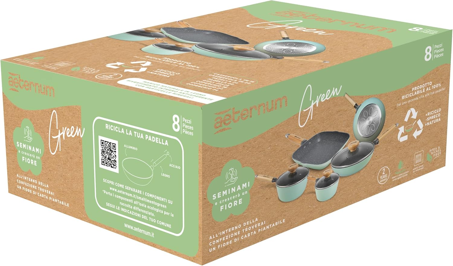 Aeternum Green Induction Wood Batteria 8 Pezzi Padelle Antiaderenti Adatto a Induzione 100% materiali riciclabili