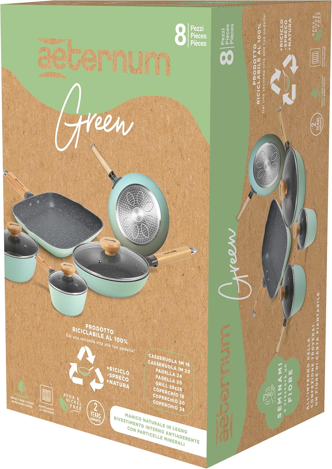 Aeternum Green Induction Wood Batteria 8 Pezzi Padelle Antiaderenti Adatto a Induzione 100% materiali riciclabili
