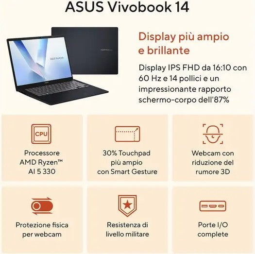 ASUS Vivobook 14 M1407KA-LY146W Notebook 14" WUXGA AMD Ryzen AI 5 330 16GB RAM 512GB SSD Windows 11 Home Blu