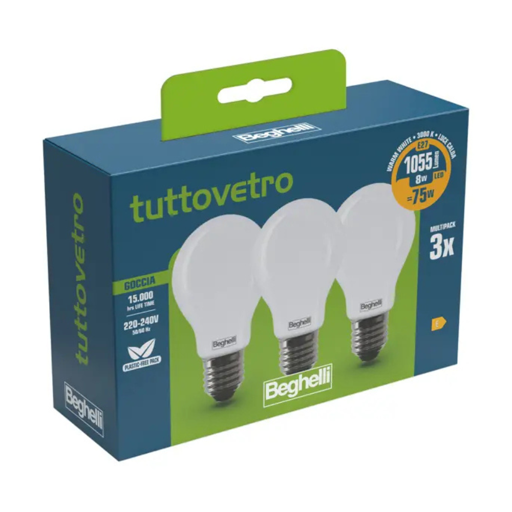 Beghelli Lampadina Led Goccia 8w E27 3000k 3pz