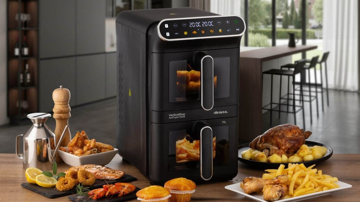 Ariete 4640 Air Fryer Vertical DUO, Friggitrice ad aria doppia verticale, 2460W, 11L, Due cestelli, Sync e Dual, 6 programmi, Funzione Grill, Fino a 200°C