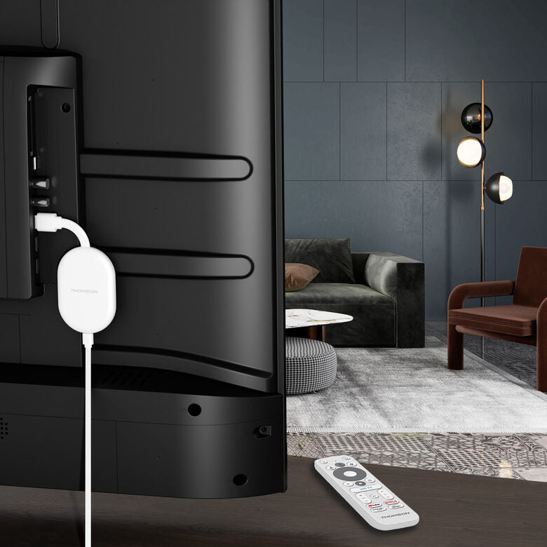 THOMSON Google TV Go Cast 150, Dongle per streaming 4K UHD, Dolby Atmos, Dolby Digital+, Controllo vocale, Googlecast, SDRAM 2 GB, Flash 8 GB, Adattatore di alimentazione multipresa