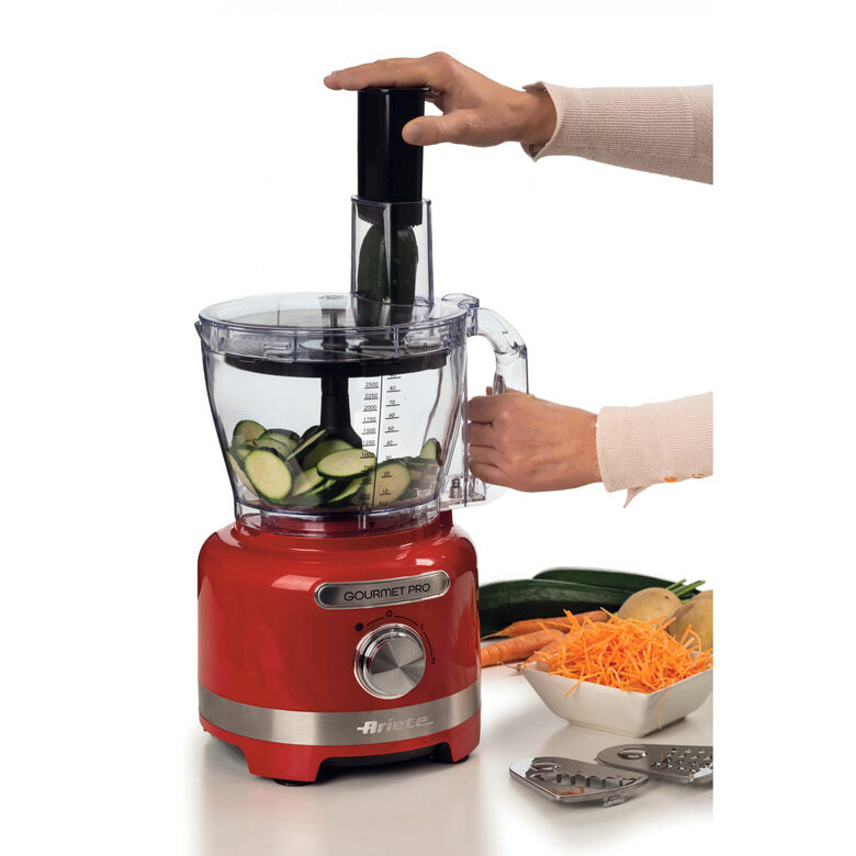 Ariete 1782 Gourmet Pro Moderna, Robot da cucina, Tritatutto 3L, Frullatore 2L, 2 velocità + Pulse, Set di lame + Disco in acciaio inox, Accessorio spremiagrumi, Rosso