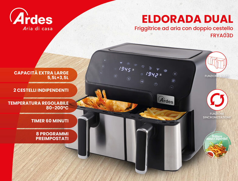 Ardes ARFRYA03D friggitrice Doppia 9 L Indipendente Friggitrice ad aria calda Nero, Acciaio inossidabile