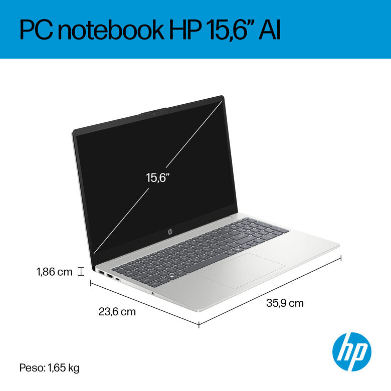 HP AI 15-fd2026nlx Intel Core Ultra 5 225U Computer portatile 39,6 cm (15.6") Full HD 8 GB DDR5-SDRAM 512 GB SSD Wi-Fi 6 (802.11ax) Windows 11 Home AI PC Argento