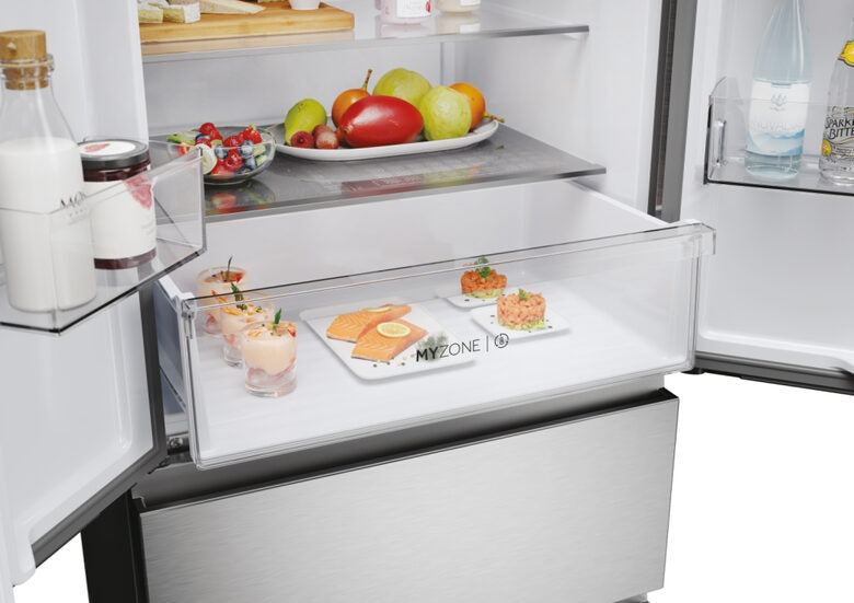 Haier HFR3718ENMM FD 70 Serie 3 Frigorifero Combinato A Libera Installazione, No Frost, Display, Classe E, Acciaio Inox