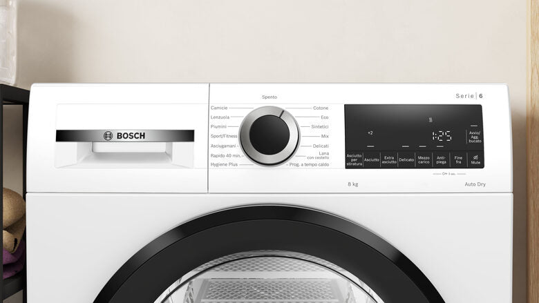 Bosch WQG233d1II Serie 6 Asciugatrice A Libera Installazione 8 Kg, Pompa Di Calore, Auto Dry, Filtro Easy Clean, Classe C, Bianco