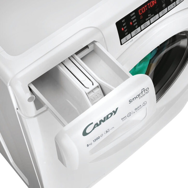 Candy Smart Pro Inverter , Lavatrice Carica Frontale 8 KG, 10% più efficente della classe A, 1200 giri, Bianco, Inverter, Vapore, Wi-Fi, CSO286TWM6/1-S