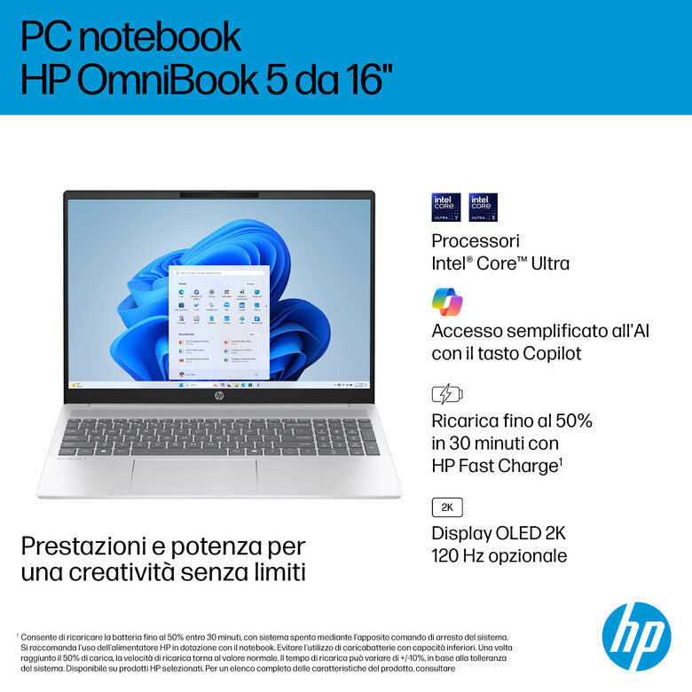 HP OmniBook 5 AI 16-af1007nl Intel Core Ultra 5 225U Computer portatile 40,6 cm (16") 2K 16 GB LPDDR5x-SDRAM 512 GB SSD Wi-Fi 6 (802.11ax) Windows 11 Home AI PC Argento