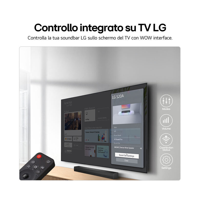 LG Soundbar S20A, 50W su 2.0 canali, Dolby Digital, DTS, AI Sound Pro, HDMI ARC, Bluetooth, USB