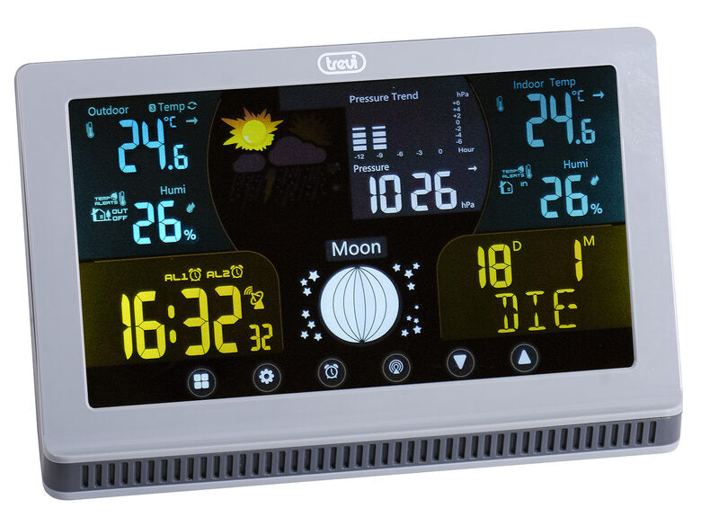 Trevi Stazione meteo con grande display a colori LCD, comandi touch, radiocontrollato 12/24, barometro hPa e termometro °C/°F