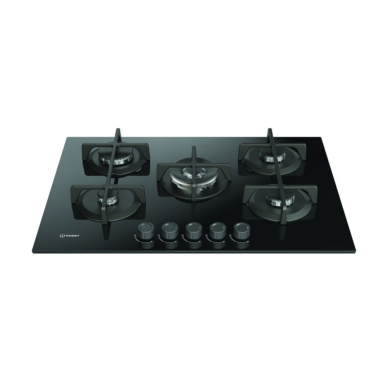Indesit ING 72T/BK 1 piano gas vetro nero 75cm 5 fuochi bruciatore doppia corona griglie in ghisa lavabili in lavastoviglie