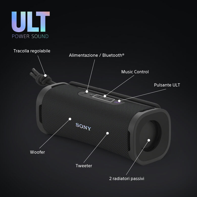 Sony ULT FIELD 1 Speaker portatile wireless Bluetooth con ULT POWER SOUND impermeabile, antipolvere, antiurto, fino a 12 ore Black