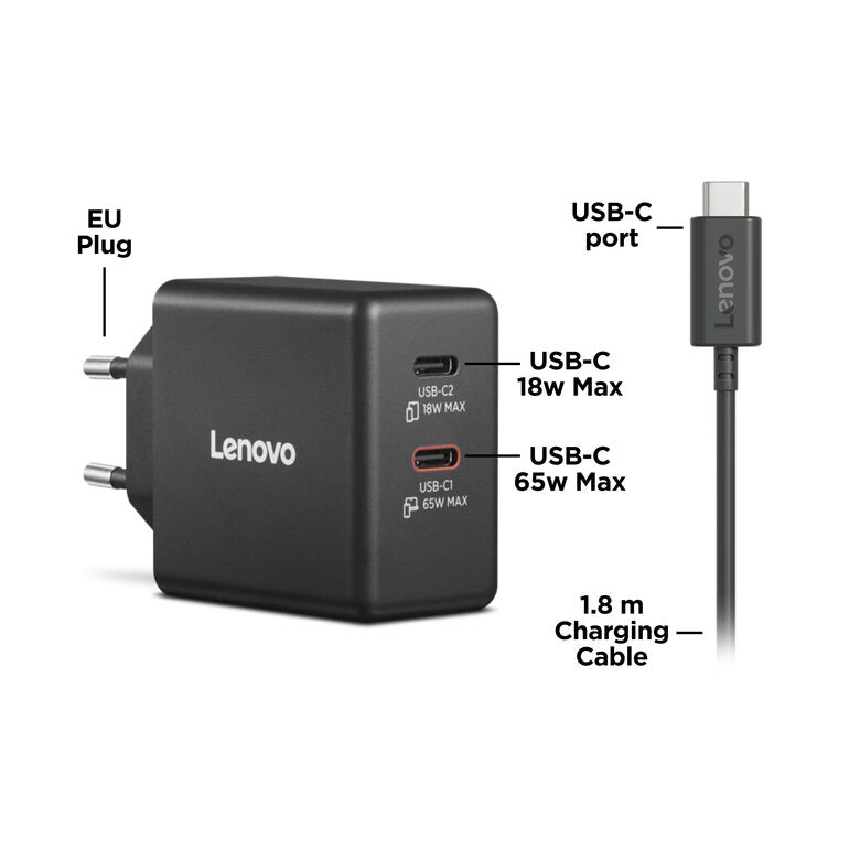 Lenovo Dual USB-C 65W GaN Charger, alimentatore compatto da muro con doppia Type-C, cavo USB-C 1,5 m incluso - ideale per laptop, cellulare e tablet: un solo caricabatterie per più dispositivi
