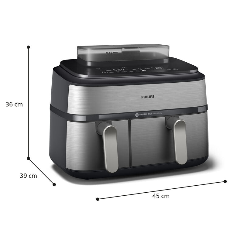 Philips NA555/00 Friggitrice ad Aria doppio cestello con cottura a vapore, 5000 series, 9 litri, 19 metodi di cottura, App per ricette