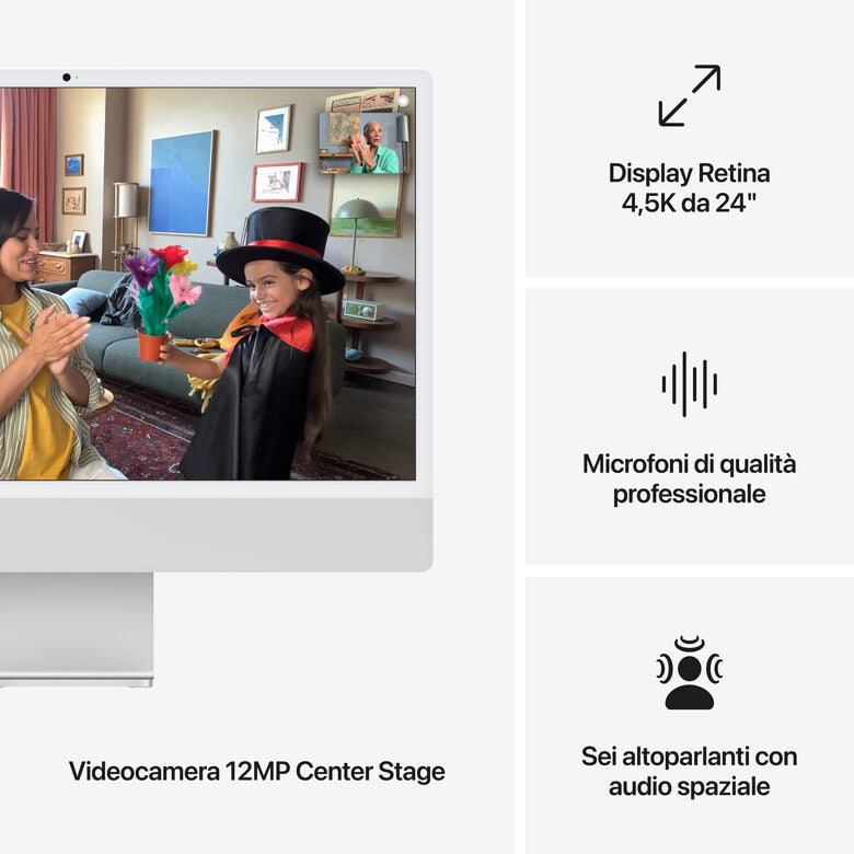 Apple iMac 24"Retina Display 4,5K, Chip M4 con CPU 8‑core, GPU 8‑core, 16GB, 256GB SSD, Argento