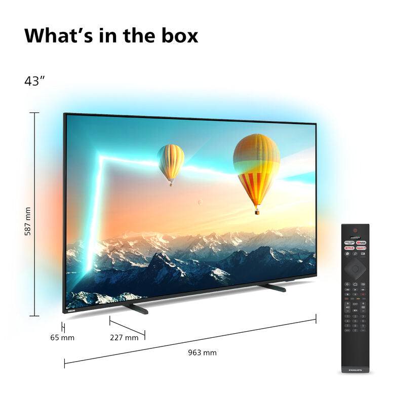 Philips AMBILIGHT tv 43" Android TV UHD 4K 43PUS8007, HDR10+ e Dolby Vision, Ready for Gaming, Smart TV, Dolby Atmos