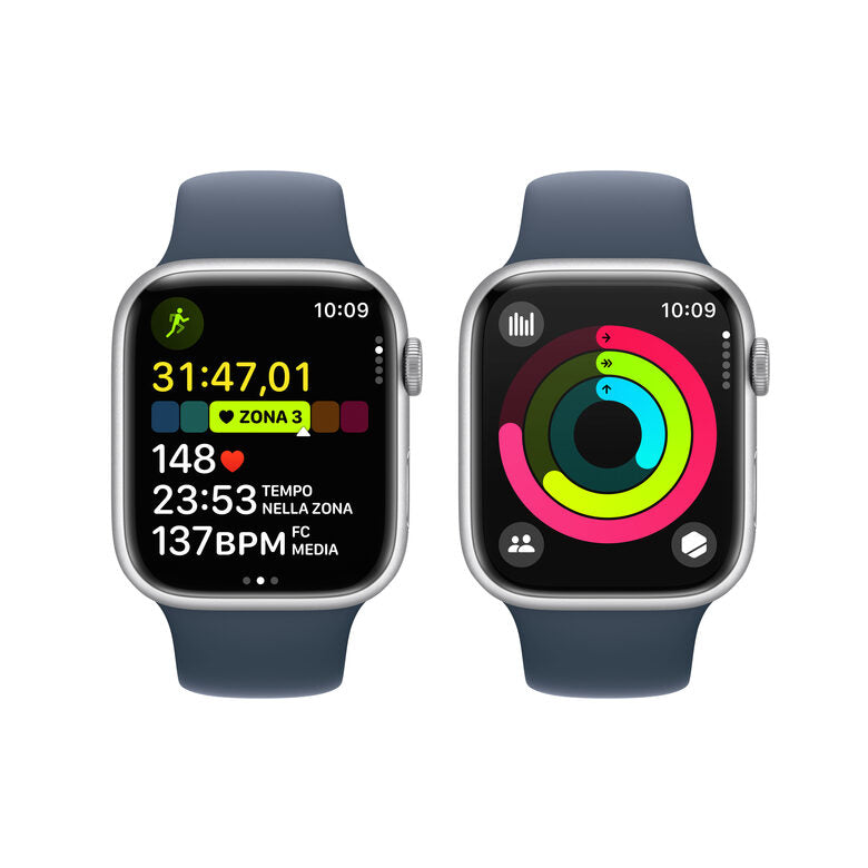 Apple Watch Series 9 GPS + Cellular Cassa 45mm in Alluminio Argento con Cinturino Sport Blu Tempesta - M/L