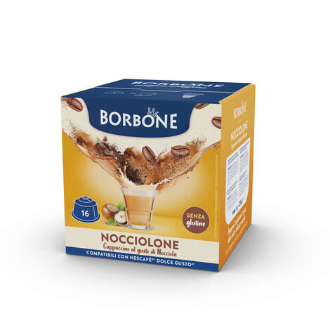 Caffè Borbone Miscela Nocciolone Cappuccino Gusto Nocciola SENZA GLUTINE in capsule 16pz compatibili con macchine a marchio Nescafè®  Dolce Gusto®