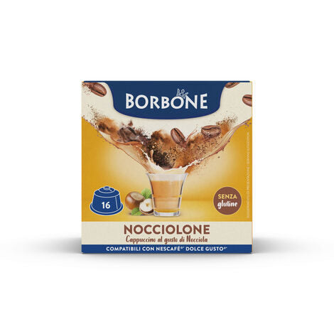 Caffè Borbone Miscela Nocciolone Cappuccino Gusto Nocciola SENZA GLUTINE in capsule 16pz compatibili con macchine a marchio Nescafè®  Dolce Gusto®