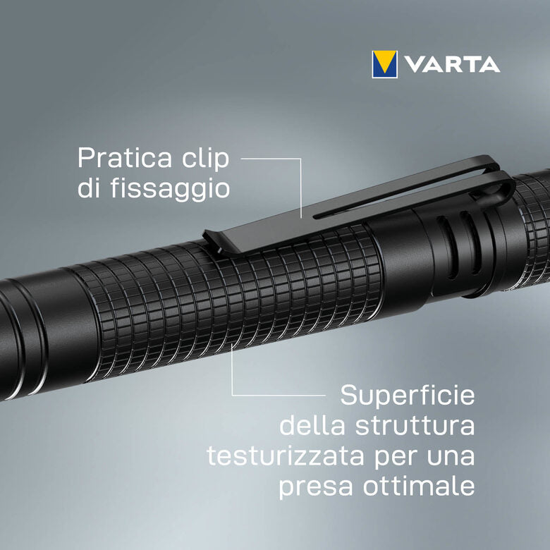 Varta Aluminium F10 Pro LED Flashlight (incl. 2x Longlife Power AAA Batterie per l'uso quotidiano, 150 lumen, resistente agli urti, 3 anni di garanzia) nero per la casa, il campeggio, l'outd