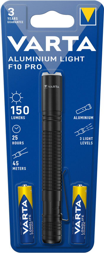 Varta Aluminium F10 Pro LED Flashlight (incl. 2x Longlife Power AAA Batterie per l'uso quotidiano, 150 lumen, resistente agli urti, 3 anni di garanzia) nero per la casa, il campeggio, l'outd