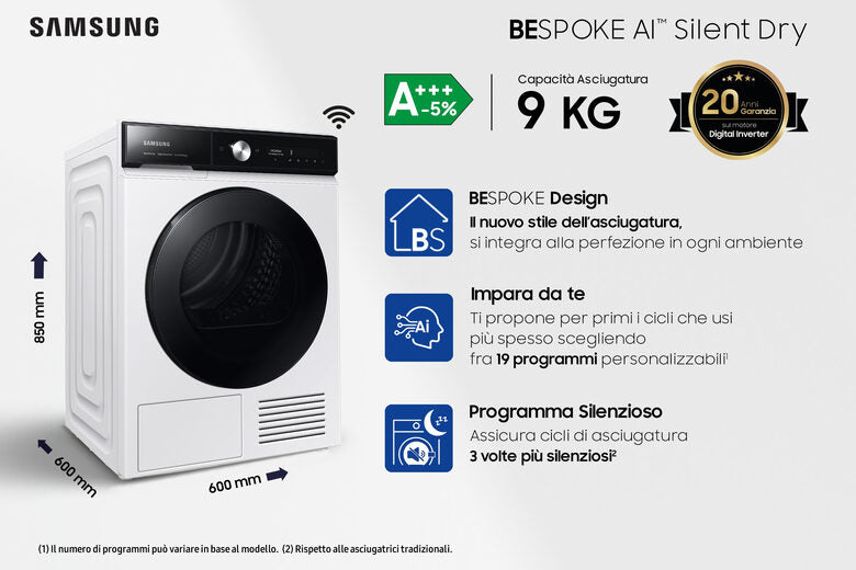 Samsung Asciugatrice DV90BB9445GE Bespoke AI SilentDry 9Kg A+++