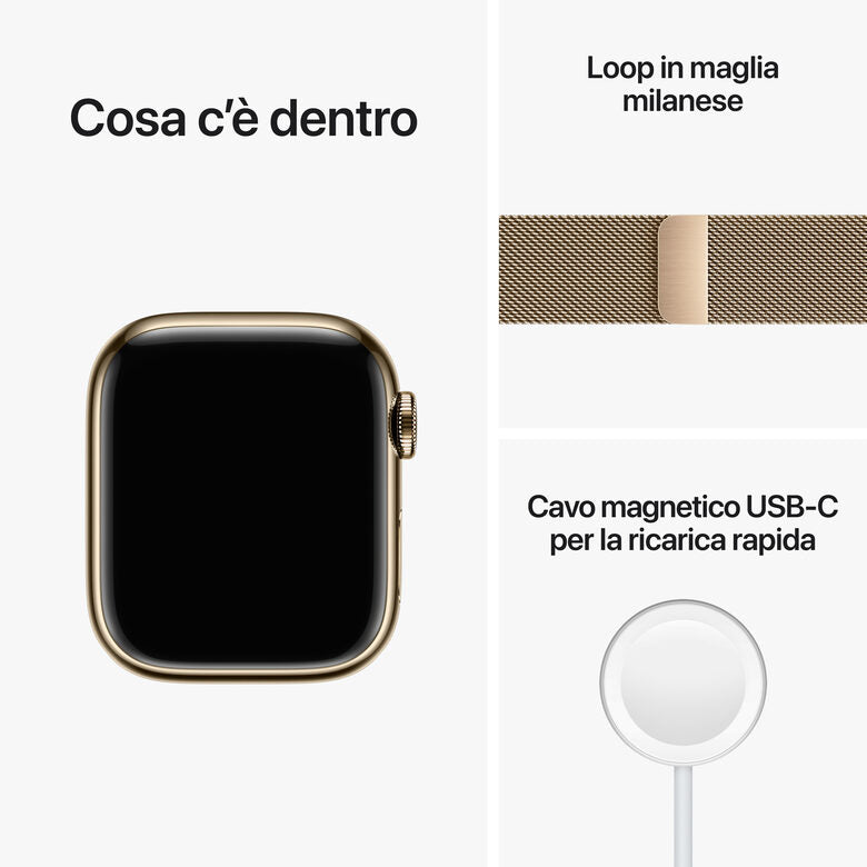 Apple Watch Series 8 GPS + Cellular 41mm Cassa in Acciaio Inossidabile color Oro with con Cinturino Loop Milanese