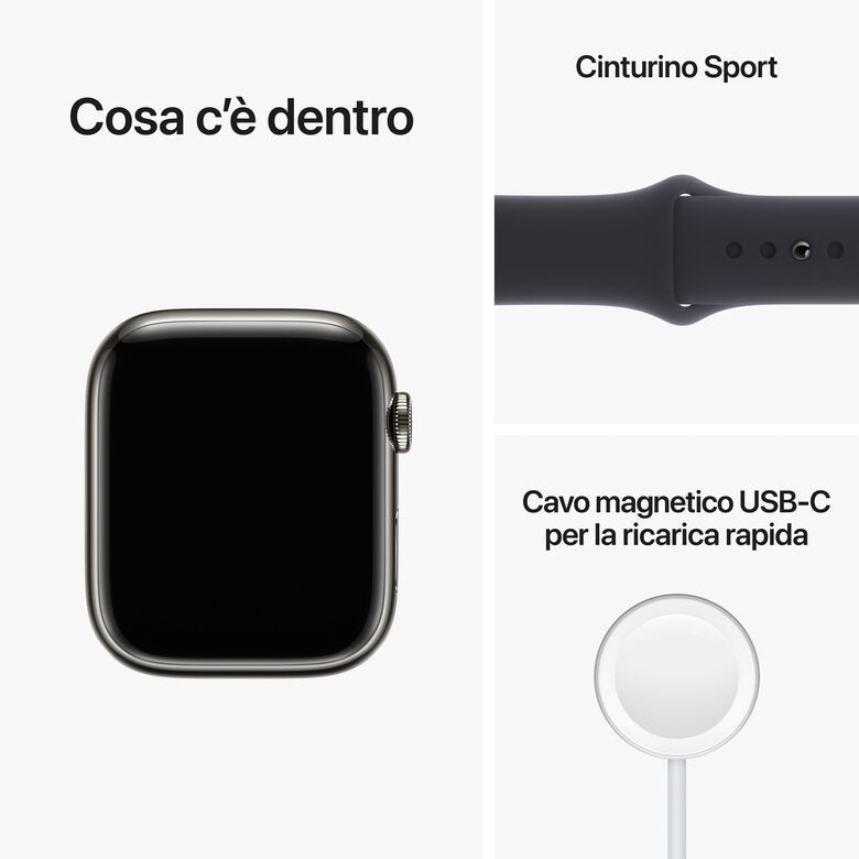 Apple Watch Series 8 GPS + Cellular 45mm Cassa in Acciaio Inossidabile color Grafite con Cinturino Sport Band Mezzanotte - Regular