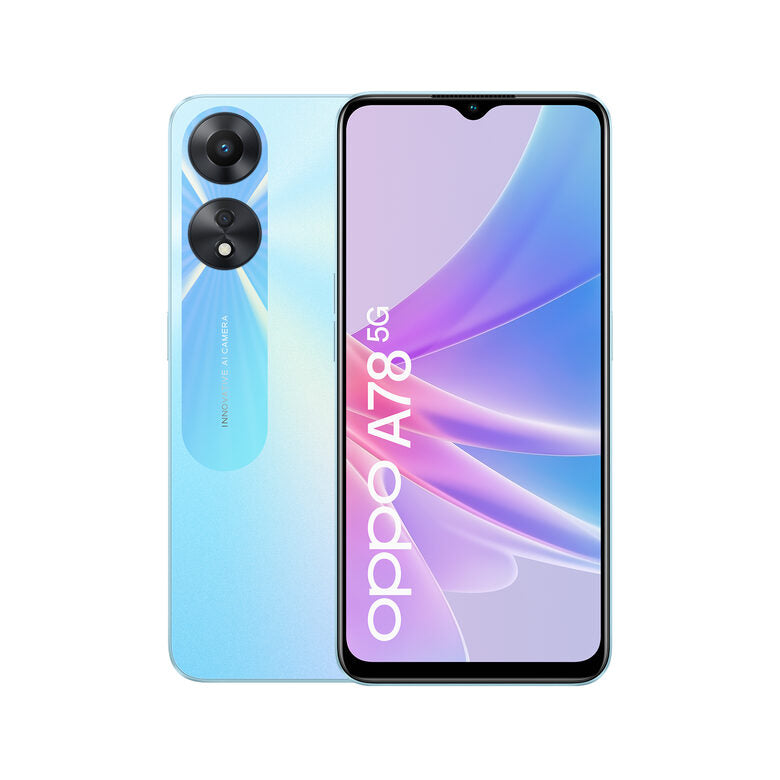 OPPO A78 5G Smartphone, AI Doppia fotocamera 50+2MP, Selfie 8GB, Display 6.56” 90HZ LCD, 5000mAh, RAM 8 (Esp 12GB/14GB/16GB) + ROM 128GB (esp1TB), IPX4, [Versione Italia], Glowing Blue