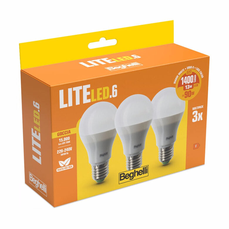 Beghelli Lampadine Led Goccia 13w 3000k 3pz