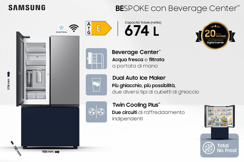 Samsung RF24BB660E2M Frigorifero Side By Side Libera Installazione 3 Porte BESPOKE  Beverage Center 674L