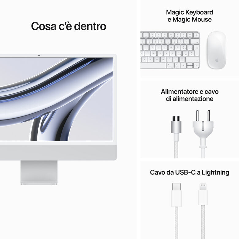 Apple iMac con Retina 24'' Display 4.5K M3 chip con 8‑core CPU e 8‑core GPU, 256GB SSD - Argento