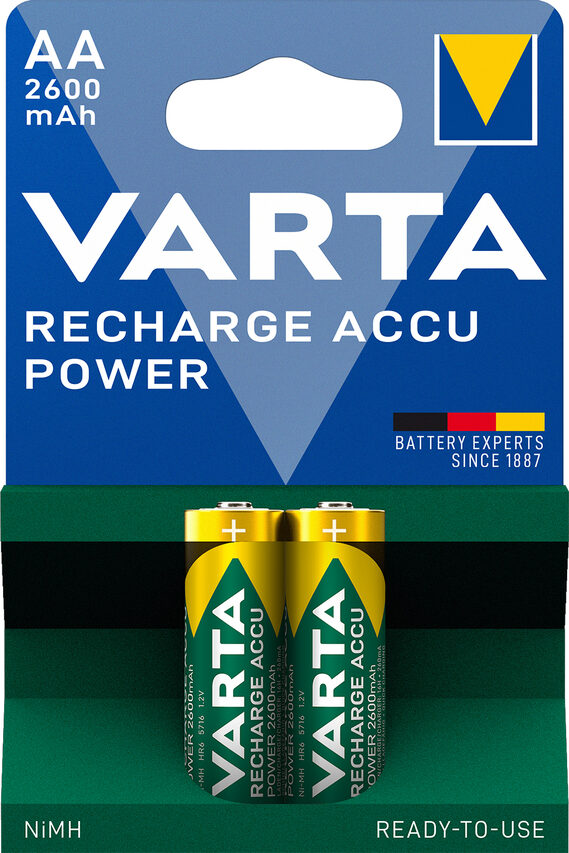 Varta Recharge Accu Power AA 2600 mAh Blister da 2 (Batteria NiMH Accu Precaricata, Mignon, batteria ricaricabile, pronta all'uso)