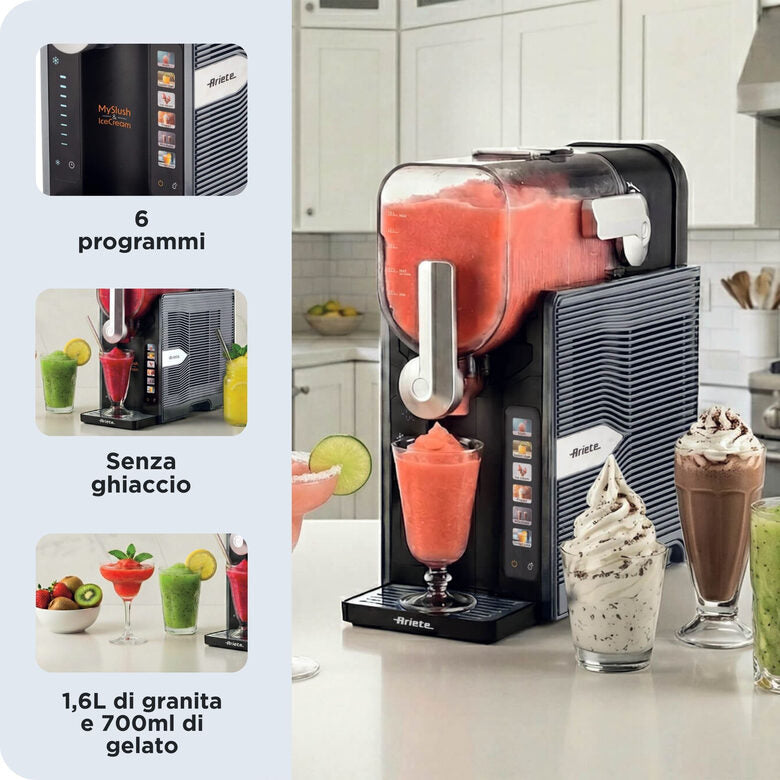 Ariete 655 MySlush & IceCream, Macchina per granite, gelati e frozen drink, Serbatoio 2,6L, 30-60 minuti di preparazione, 6 programmi automatici, Senza ghiaccio