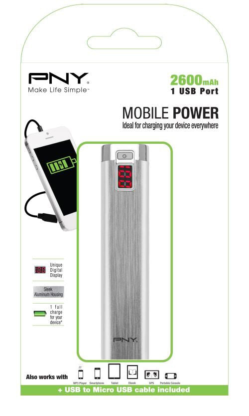 PNY PowerPack Digital 2600 batteria portatile Ioni di Litio 2600 mAh Alluminio