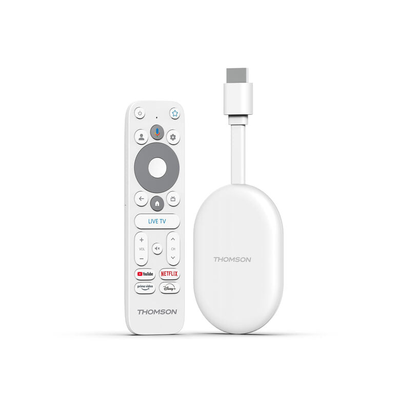 THOMSON Google TV Go Cast 150, Dongle per streaming 4K UHD, Dolby Atmos, Dolby Digital+, Controllo vocale, Googlecast, SDRAM 2 GB, Flash 8 GB, Adattatore di alimentazione multipresa