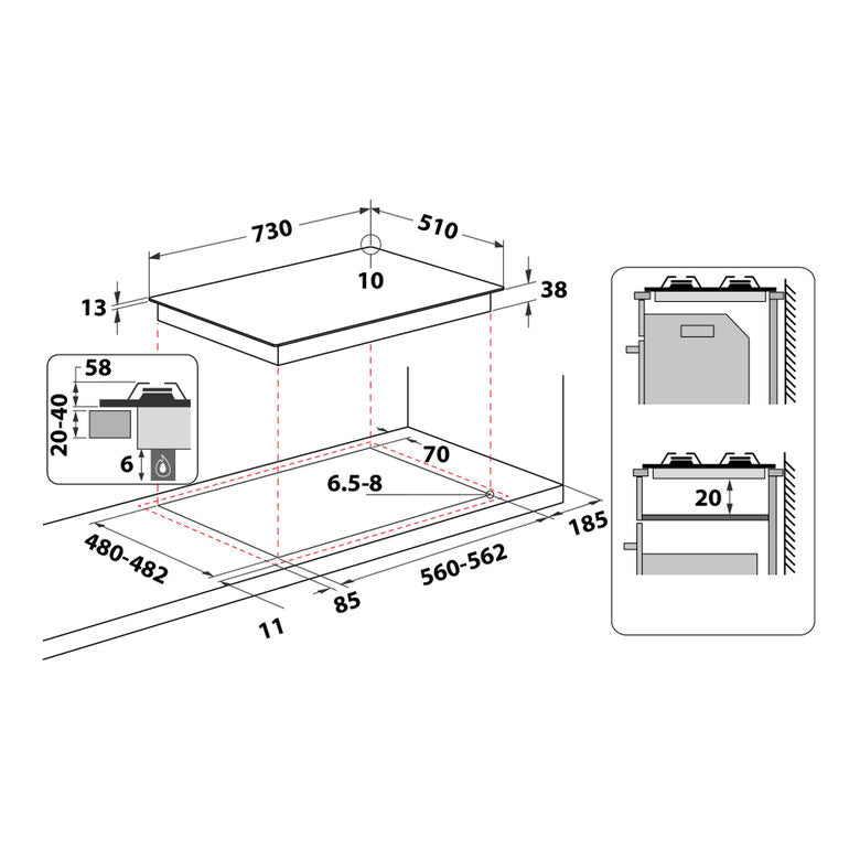Whirlpool TGML 761 IX R Acciaio inossidabile Da incasso 73 cm Gas 5 Fornello(i)